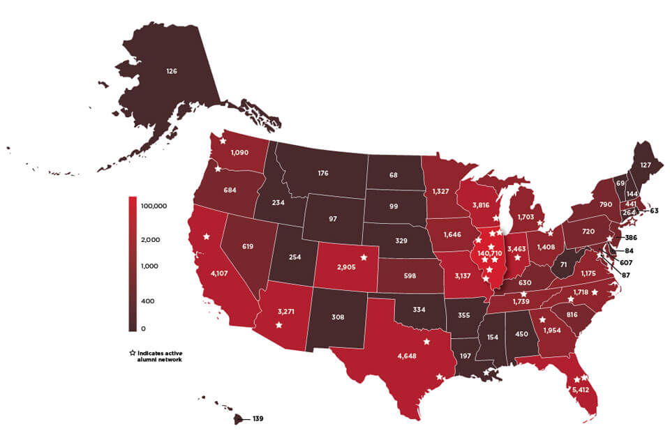 Heatmap of Alumni across the country. Select the 'alumni map' link for data table.