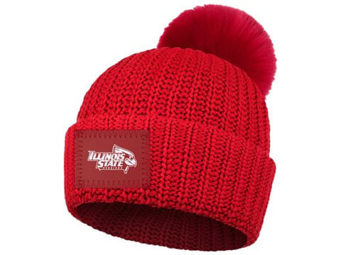A red knit Illinois State beanie with a red pom-pom on top.
