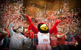 Desktop Thumbnail: Reggie Redbird celebrating with fans at a game